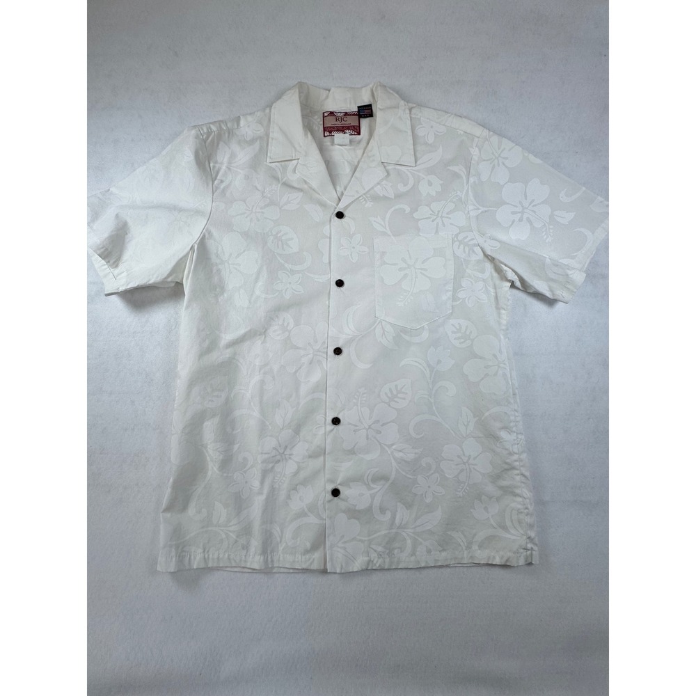 RJC Mens Hawaiian Shirt Large Cream Tonal Hibiscus Jacquard Made in Hawaii 106